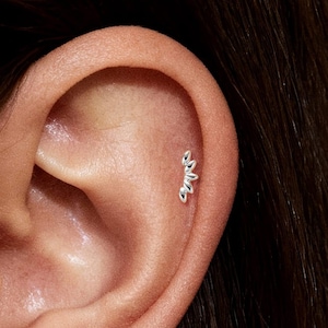 May include: Close-up of an ear with two silver earrings. One earring is a curved row of small, pointed shapes. The other earring is a vertical line of three similar shapes. The earrings are small and delicate, adding a subtle touch of sparkle.