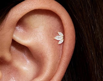 14K Solid Gold Lab Diamond Lotus Cartilage Flat Back Stud Earring