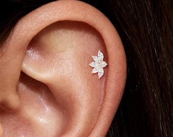 14K Solid Gold Marquise Lab Diamond Lotus Cartilage Stud Threadless Push Pin Flat Back Earring