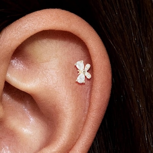 May include: A close-up of an ear with a small, delicate butterfly-shaped earring. The earring features a cluster of small, clear gemstones set in a gold-colored metal. The earring is positioned on the upper ear cartilage.