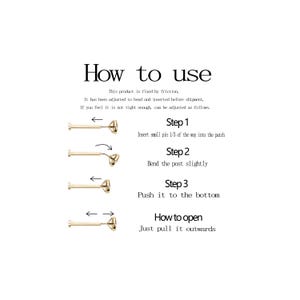 May include: Diagram showing instructions for use. Text reads "How to use" and details steps for adjusting a product. The steps include inserting a pin, bending a post, and pushing it to the bottom. The final step is to pull outwards.