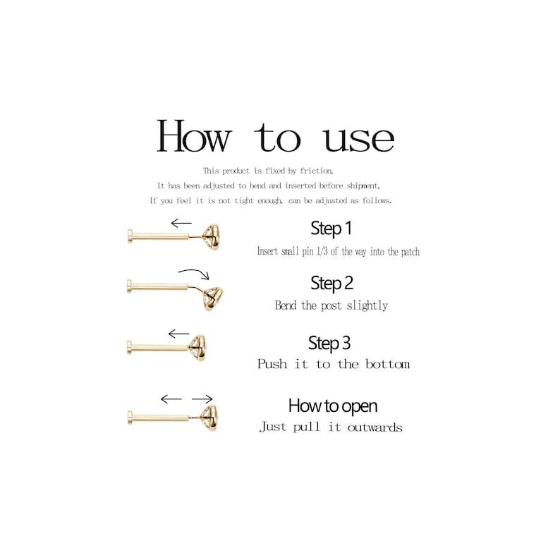 May include: Diagram showing instructions for use. Text reads "How to use" and details steps for adjusting a product. The steps include inserting a pin, bending a post, and pushing it to the bottom. The final step is to pull outwards.