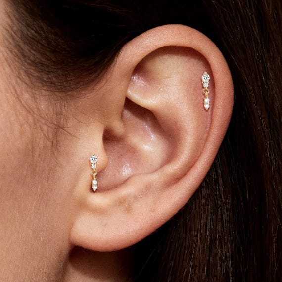 14K Solid Gold Lab Diamond Cartilage Dangle Earring  Threadless Push Pin Flat Back Helix Stud