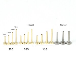 May include: A collection of gold and silver body jewelry studs. The studs are labeled with sizes and gauges, including 20G, 18G, and 16G. The gold studs are marked as 10K gold, and the silver studs are labeled as titanium.