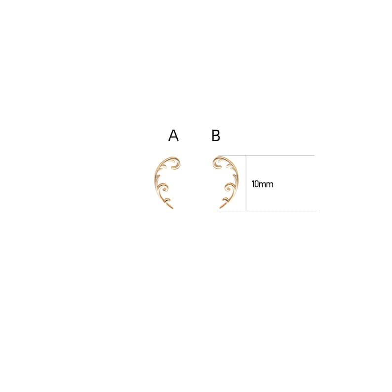 May include: Two gold-colored ear cuffs with a swirling, floral design. The image shows the ear cuffs side-by-side, with a measurement of 10mm. The ear cuffs have a delicate, elegant appearance.