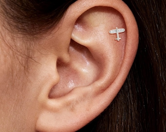 14K White Gold Lab Diamond Aircraft Threadless Push Pin Cartilage Flat Back Stud