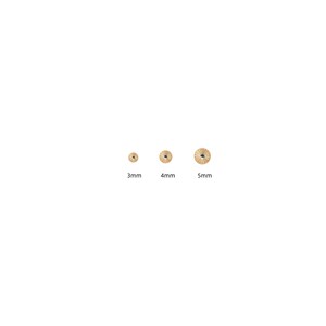 May include: Three small, gold-colored, circular beads with radial grooves. The beads are labeled with their sizes: 3mm, 4mm, and 5mm. The beads are arranged in a row against a white background.