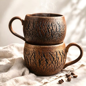 Könnte beinhalten: Zwei gestapelte braune Keramikbecher mit strukturierten, rindenartigen Mustern. Dampf steigt aus dem oberen Becher auf, was auf ein warmes Getränk hindeutet. Kaffeebohnen sind verstreut.