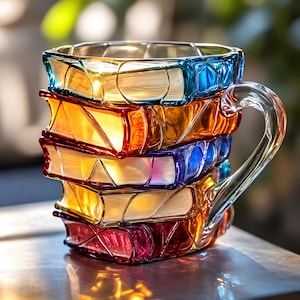 May include: A glass mug shaped like a stack of five books with translucent, vibrant colors including blue, orange, purple, yellow, and red. The mug features a clear glass handle and a textured surface that mimics the spines and covers of books.