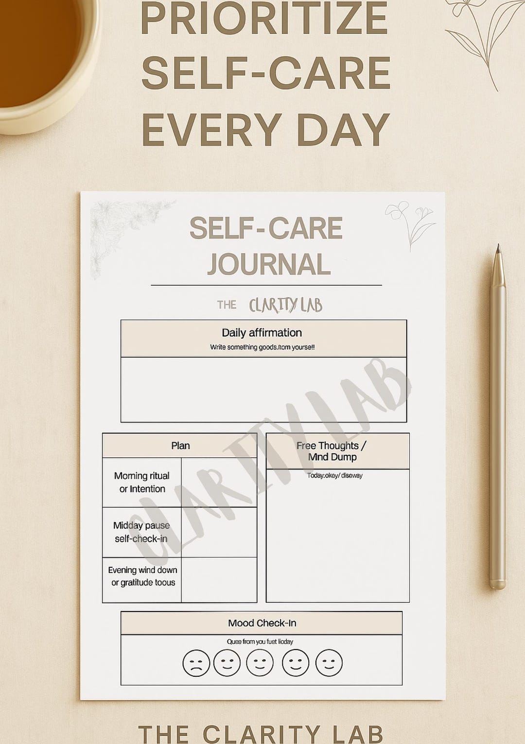 Printable Self-care Journal | Daily Reflection & Mood Tracker ...