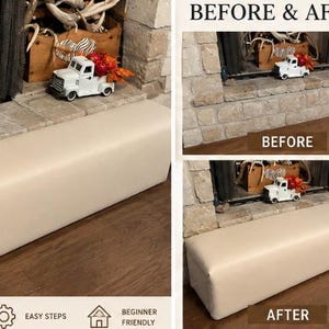 Puede incluir: Una guía digital paso a paso para una cubierta de chimenea DIY que muestra una cubierta beige tapizada. La guía incluye una lista de materiales, hoja de medidas, instrucciones detalladas, guía de bisagras, consejos de tapicería y lista de seguridad.
