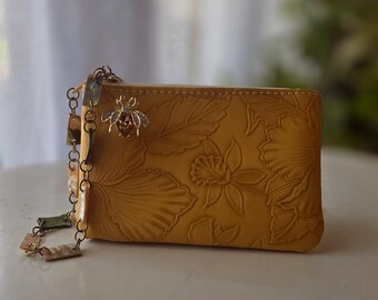 Mustard Embossed Leather Coin Wallet with Bee Charm