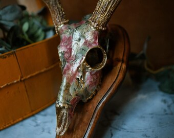 Floral Decoupage Deer Skull Wall Art – Handcrafted Mixed Media