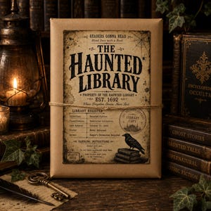 May include: A book wrapped in brown paper with a vintage-style label titled The Haunted Library. The label features a black raven, a library register, and the text Readers Gonna Read, Blind Date with a Book, and Est. 1692, tied with twine.