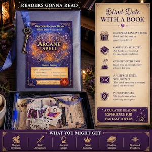 May include: A blind date with a book gift set featuring a blue wrapped book titled Arcane Spell with a gold key attached by a blue ribbon. The set includes stickers, a blue pen, and a card detailing the fantasy book contents and mystery theme.