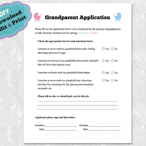 Grandparent pregnancy announcement, pregnancy reveal to grandparents. Download and edit yourself. Grandparent application.