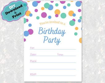 Fill In Birthday Party Invitation, Blank Birthday Party Invitation, Simple Birthday Party Invitation, Kids Fill in invite