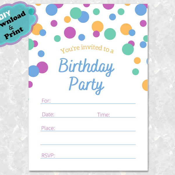 Fill In Birthday Party Invitation, Blank Birthday Party Invitation, Simple Birthday Party Invitation, Kids Fill in invite