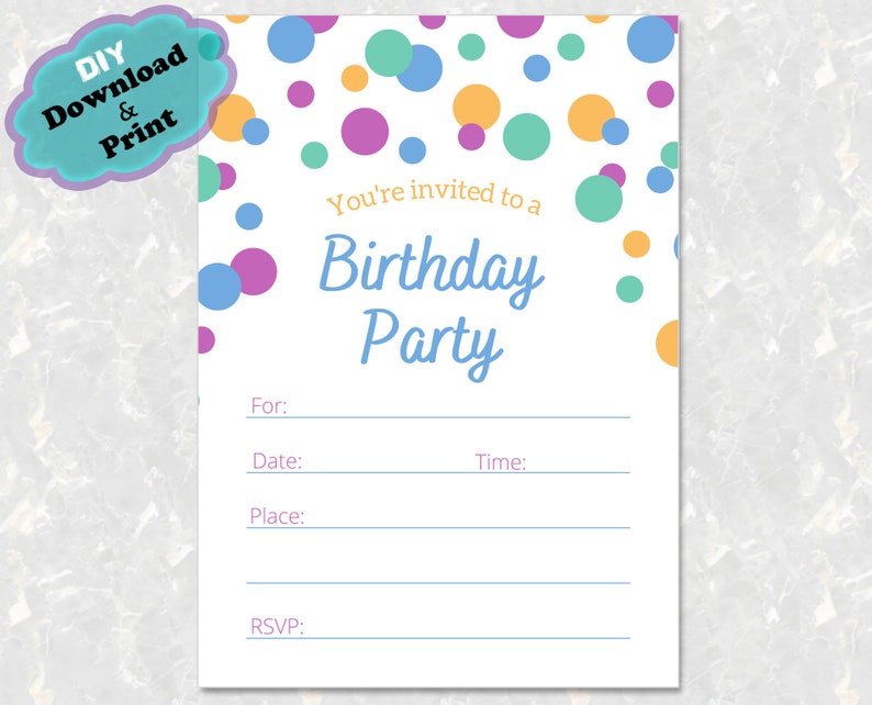 Fill in birthday party invitation, blank birthday party invitation. DIY printable birthday party invitation.