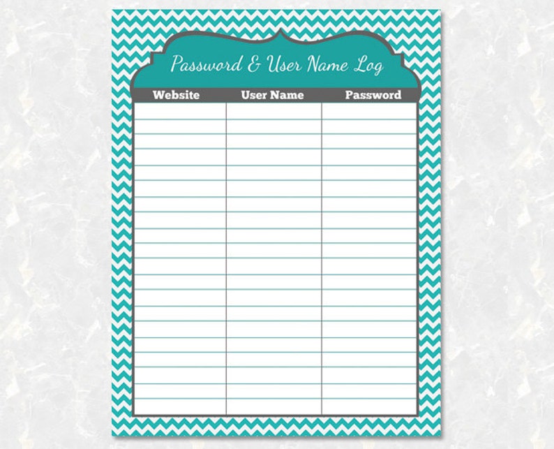 Password and User Name Organizer Printable DIY Instant Download Chevron