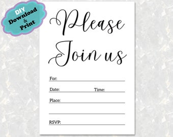 Simple Fill In Party Invitation, Blank Party Invitation Printable, Black and White Invitation, Please Join Us