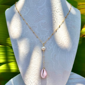 Pink Shell Pearl Necklace | Gold Filled Lariat Necklace | Handmade Hawaiian Beach Jewelry | Gift for Her