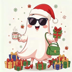May include: A cartoon ghost wearing a Santa hat and sunglasses, holding a mug of coffee and a wrapped gift. The ghost carries a green handbag and is surrounded by wrapped presents and snowflakes, with red high heels.