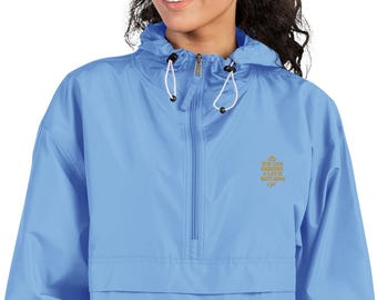 Champion Packable Jacket – Embroidered Quote Windbreaker, Lightweight Water‑Resistant Hooded Half‑Zip