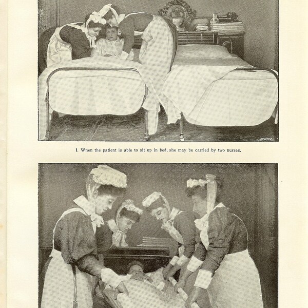 1898 Antique Black and White  Medical Print "Changing Beds In The Case Of A Helpless Patient". Lifting And Handling The Patient