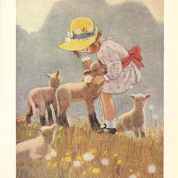 1923 Pet Lamb Vintage Childrens Print-Little Girl Cuddles Her Pet Lamb. Ideal For Framing.
