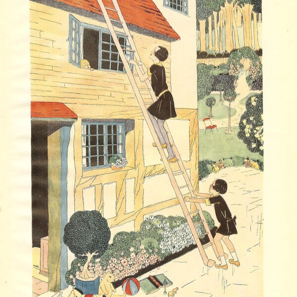 ann&eacute;es 1930 Art d&eacute;co Gladys Peto Vintage enfant impression &agrave; fen&ecirc;tre fille Monte &eacute;chelle s&oelig;ur cales Ladder en face de la maison sauvetage tentative livre plaque