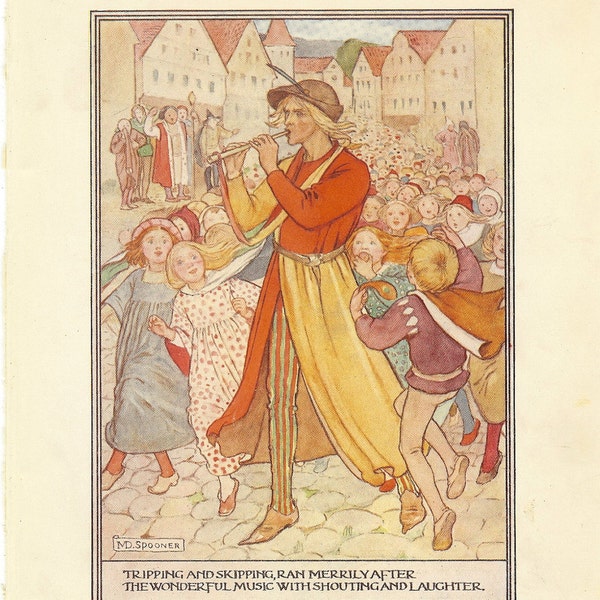 Antique des ann&eacute;es 1900 joueur de fl&ucirc;te de Hamelin conte de f&eacute;es pour enfants M impression Dibdin Spooner homme jouant Pipe enfants suivent Illustration livre Vintage