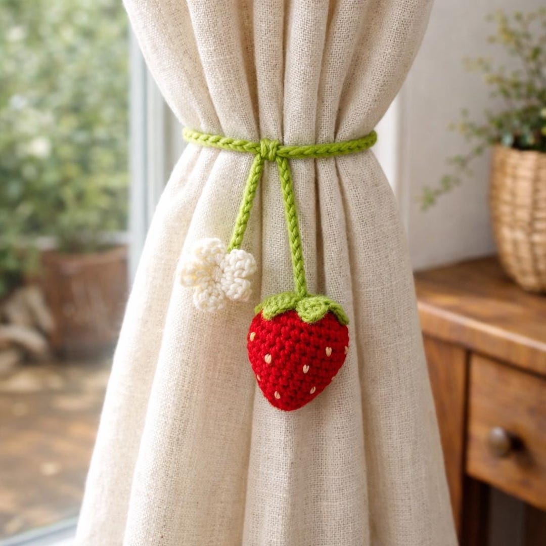 Crochet Curtain Tieback, Handmade Flower Curtain Holder, Cute Fruit Tie Back, Boho Curtain Decor, Nursery Room Decor, Home Decor - Red strawberry