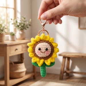 May include: A crochet sunflower keychain featuring a bright yellow petal border, a light beige center with a stitched smiling face, pink cheeks, and a green stem. The sunflower is attached to a rose gold metal lobster clasp and ring.
