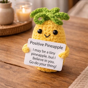 May include: A crocheted yellow pineapple with a green leafy top, holding a sign that reads "Positive Pineapple." The sign says, "I may be a tiny pineapple, but I Believe in you. Go do your thing!"