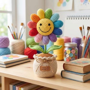 Crochet Pride Sunflower, Rainbow Flower Decor, LGBTQ Gift, Smiley Flower, Handmade Yarn Plant, Pride Month Decor, Cute Desk Decor