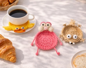 Cute Crochet Animal Coaster, Handmade Yarn Coasters Set, Kawaii Drink Mat, Gift for Friend, Desk Decor, Coffee Cup Coaster, Home Decor