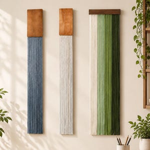 May include: Three vertical wall hangings featuring long, straight fiber strands suspended from wooden bars. The first two hangings have light brown wooden tops with blue and off-white fibers, while the third has a dark wood top with green.