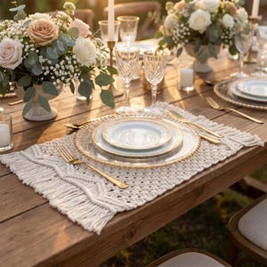 Puede incluir: Una mesa bellamente decorada con un mantel individual de macramé, platos con borde dorado y cubiertos dorados. La mesa está adornada con arreglos florales y copas de cristal, creando un ambiente elegante y acogedor. La mesa de madera añade un toque rústico.