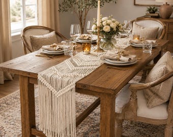 Macramé tafelloper, boho bruiloft tafeldecor, handgemaakte katoenen bedloper, rustieke boerderij tafelloper, boho interieur, middelpunt bruiloft