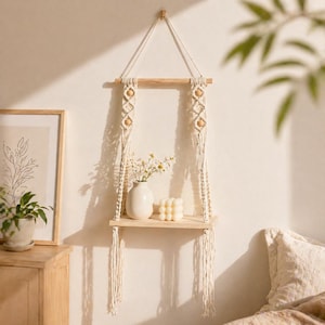 May include: A macrame hanging shelf with a natural wood shelf and accents. The shelf is decorated with a white vase of flowers and a white bubble candle. The shelf is suspended by cream-colored macrame cords.
