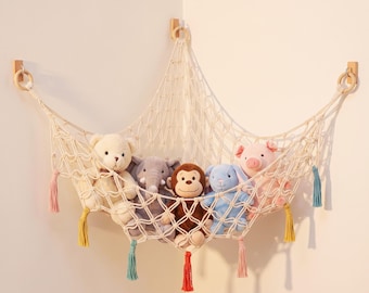 Hamaca de juguete de cuerda de algodón hecha a mano, red esquinera para peluches, almacenamiento de peluches para guardería, organizador de pared para habitación infantil