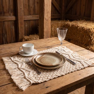 May include: A rustic dining table setting featuring a cream-colored macrame placemat with fringe detail. Two ceramic plates, a coffee cup, a fork, a spoon, and a crystal wine glass are arranged on the table. The plates have a brown and tan swirl design.