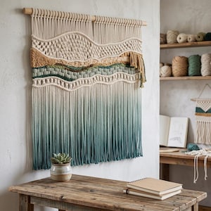 May include: A large macrame wall hanging suspended from a wooden dowel, featuring intricate knotted patterns in cream, mustard yellow, sage green, and dark teal. The lower section consists of long, loose fringe that fades from cream to teal.