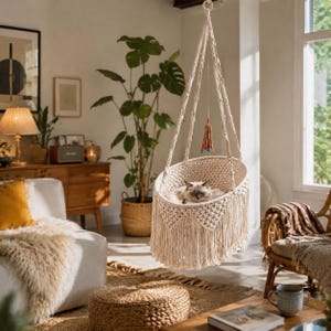 May include: A cream-colored macrame hanging chair featuring intricate knotted patterns and long fringe detailing. A fluffy cat is resting inside the seat, which is suspended by thick woven ropes from a central point above.