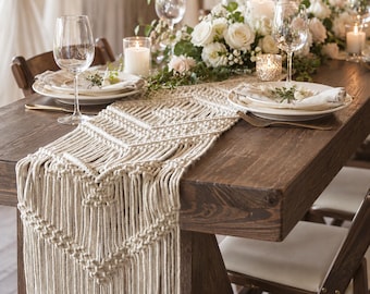 Boho Hochzeit Tischläufer, handgefertigte Makramee Tischdekoration, rustikale Hochzeit Herzstück, Brautdusche Dekor, Boho Party Dekoration