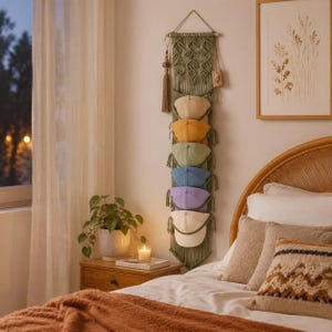 May include: A vertical olive green macrame wall hanging organizer featuring multiple loops designed to hold baseball caps. The organizer displays six baseball caps in various colors including beige, mustard yellow, sage green, blue, lavender, and white.