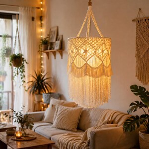 May include: A cylindrical macrame pendant light fixture featuring an intricate knotted diamond pattern and a long, flowing fringe at the base. The off-white cord construction emits a warm, soft glow from the internal light source, hanging suspended.