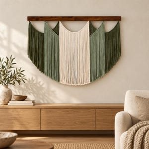 May include: A wall hanging featuring long, vertical cotton cords in alternating sage green and cream colors, suspended from a horizontal dark brown wooden rod. The cords are arranged in a layered, scalloped pattern that creates a wide, curved shape.