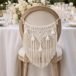 Pode incluir: Decoração de cadeira em macramé creme com um padrão geométrico e franjas, adornada com borlas. O encosto da cadeira é feito de madeira clara e tem um assento de tecido de tom neutro. Ideal para casamentos ou eventos.